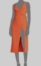 $395 Halston Women's Orange Thea Stretch-Crepe High-Slit Midi Dress Size 0