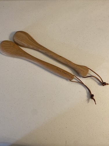 Set Of 2 Handmade Hand Carved Wooden Serving Spoons Texas Bread Knife Co On Back - Picture 3 of 6