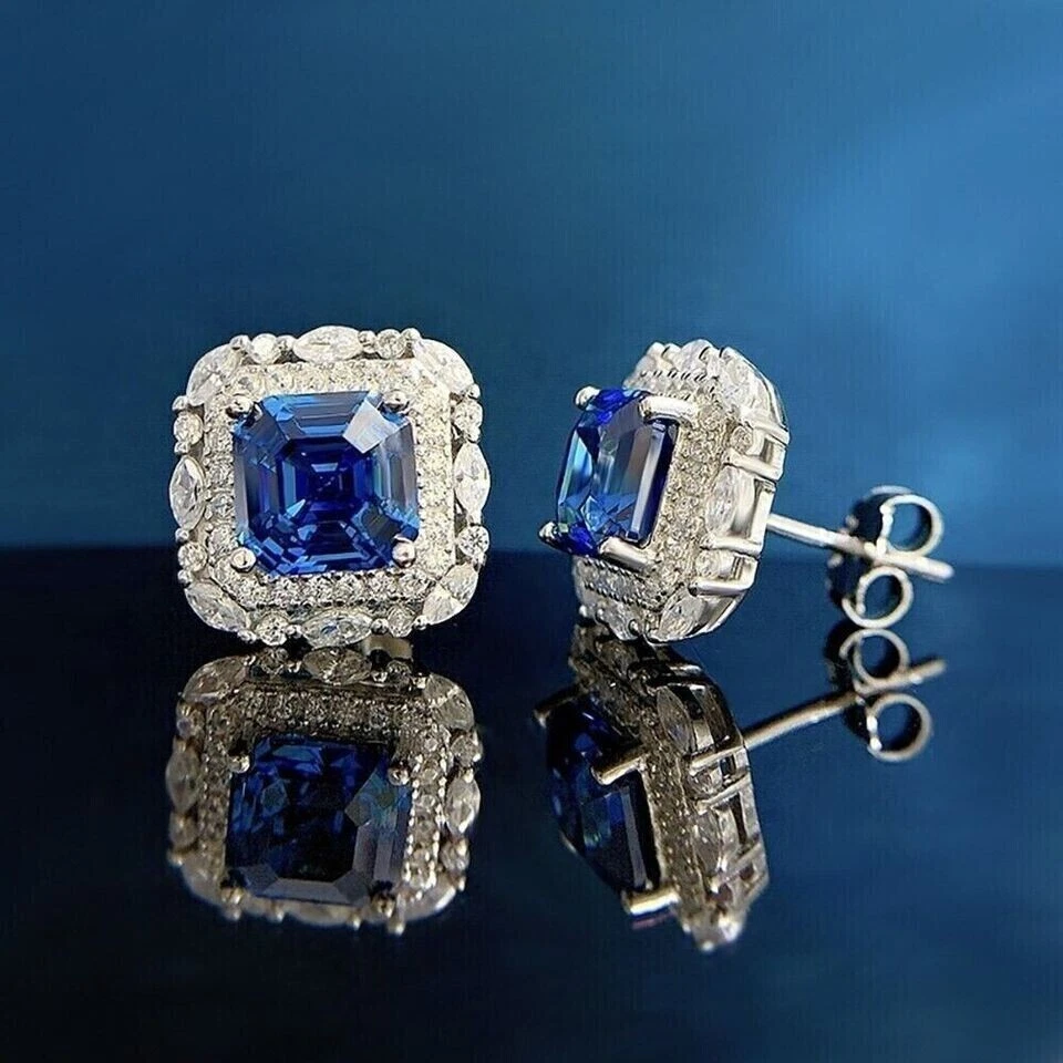 Brinco Asscher corte simulado tanzanita deslumbrante halo banhado a ouro branco 14k - Imagem 4 de 4