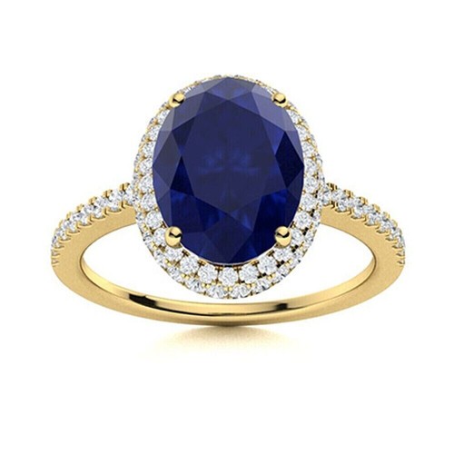 Natural Blue Sapphire and Diamonds Gemstone Women Ring 14k Yellow Gold Ring - Picture 4 of 4