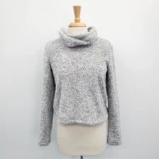 Aerie Cowl Neck Sweater Womens Size S Gray Fuzzy Fleece Long Sleeve Cozy Casual