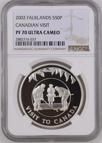 (Top Graded Pop = 1) NGC PF70  2002 Falkland Islands Silver Canadian Visit 50P