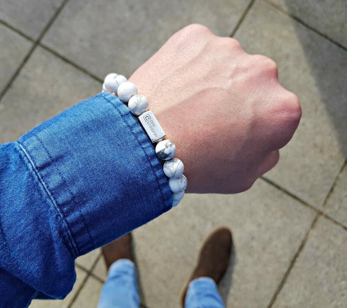 Mens Beaded Bracelet-Essential Howlite & Sterling Silver Bead bracelet - Picture 4 of 7