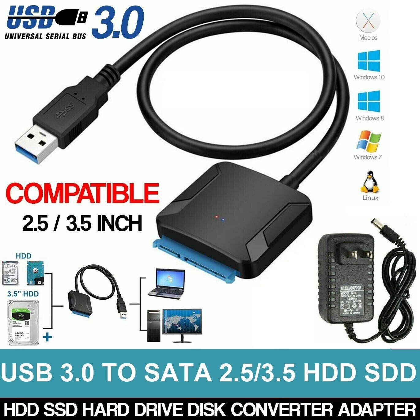 USB 3.0 to SATA III Adapter for 2.5" 3.5" SSD HDD Hard Drive with 12V/2A Power