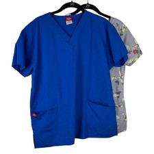 Two Dickies Scrub Tops Bright Blue Gray with Yellow Butterfly Scrub Top Size S