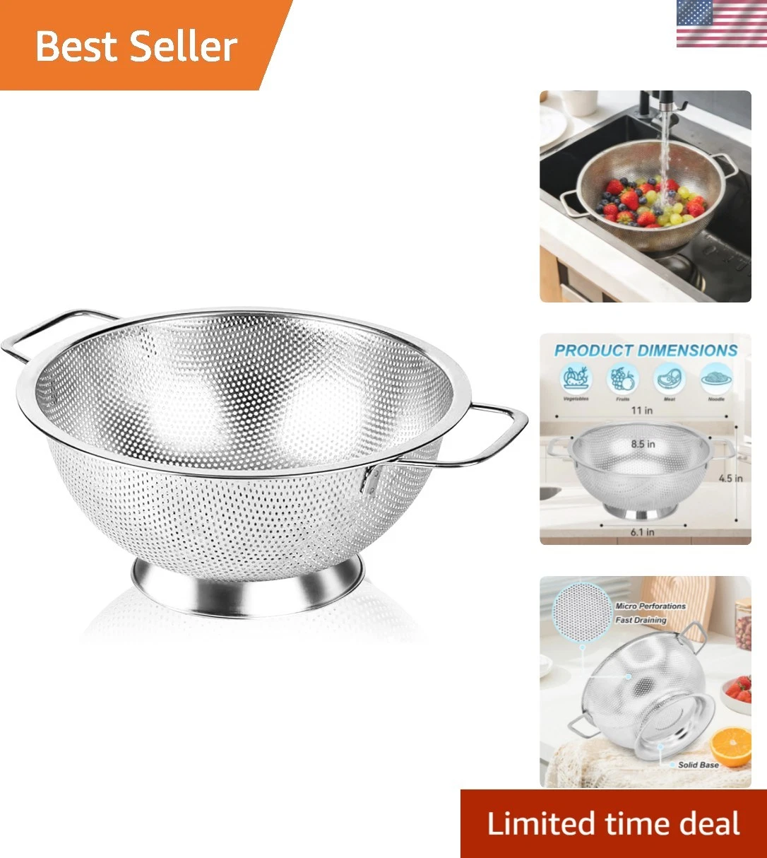304 Stainless Steel Colander, Micro-Perforated 3-Quart Strainer with Base, Di...
Opens in a new wind