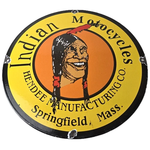 Vintage Indian Motorcycles Sign - Hendee Sales Parts Service Porcelain Gas Sign