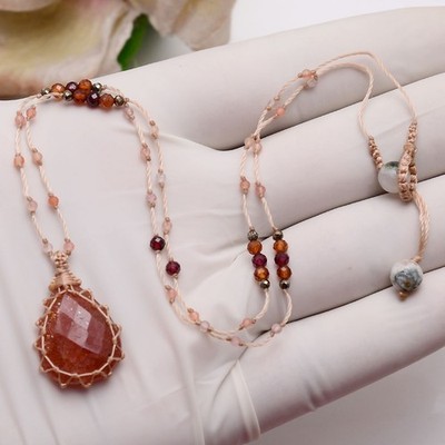 Handmade Natural Sunstone Gemstone Beaded Macrame Healing Crystal Necklace