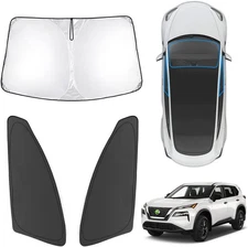 Three-piece windshield sunshade set, blocking heat and UV rays.