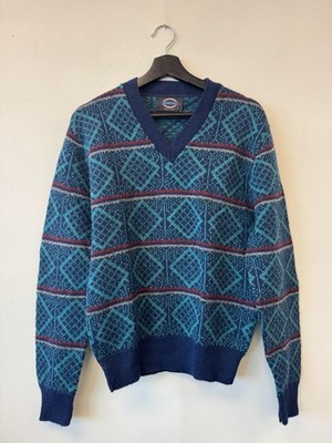Vintage Jantzen Sweater Mens Small Blue Green V Neck Geometric Made USA 90s