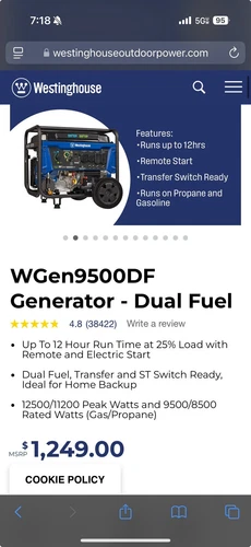 Westinghouse WGen9500DF Dual Fuel Gas Powered Generator