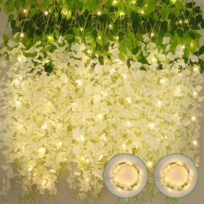 #ad 24Pcs White Fake Wisteria Hanging Flowers with Lights 3.6Ft Pcs Artificial Wist $39.99