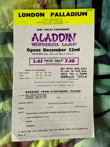 London Palladium Aladdin Double Sided Booking Flyer . Cliff Richard The Shadows - Picture 2 of 2