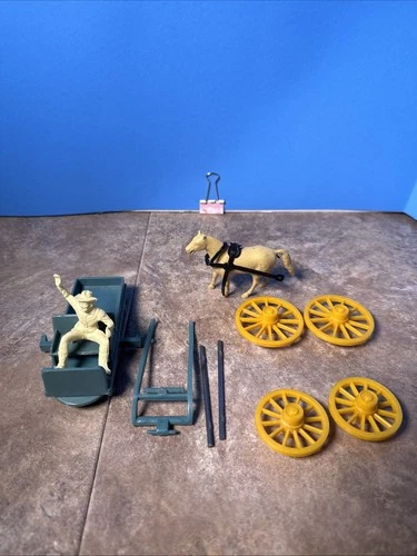 Vintage Marx Western Town Play Set 60mm Blue Buckboard Wagon W/Horse & Harness