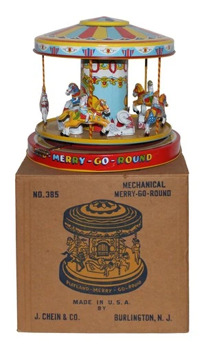 Near Mint in Box Tin Windup Chein No. 385 Mechanical Merry-Go-Round