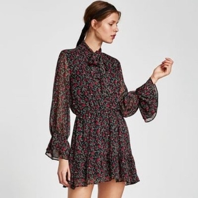 ZARA Basic Collection Women s Dress Chiffon Ruffled High Neck Tunic StyleL