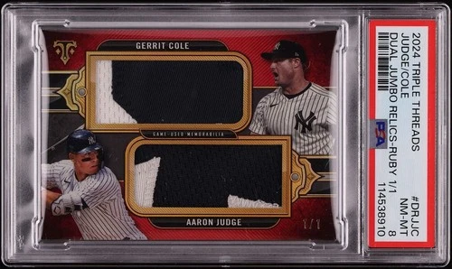 2024 Topps Triple Thread Aaron Judge Gerrit Cole Ruby Game Used Patch #1/1 PSA 8