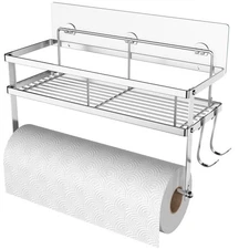 Paper Towel Holder with Shelf Storage, Adhesive Wall Mount 2-in-1 Basket Orga...