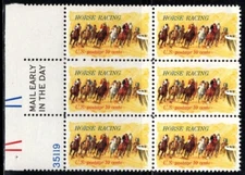 US Stamp Scott #1528, 10c, Horse Racing, Mail Early Block of 6, MNH