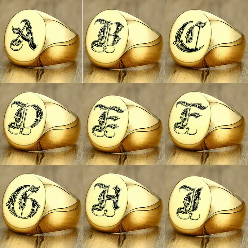New Womens Mens Gold Signet Ring Signature Ring Initials Royal Initialen  Letters