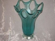 Unique Scalloped Hand Blown Glass Vase Flowers Blue Decorative NEW 