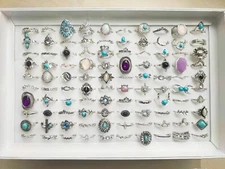 50pcs/Lot Bohemian Antique Silver Vintage Rings Mix Women Stone Retro Charms