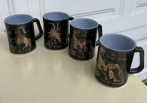 FOUR Vintage Federal Glass Anchor Hocking Coffee Mugs Zodiac Astrology MCM USA
