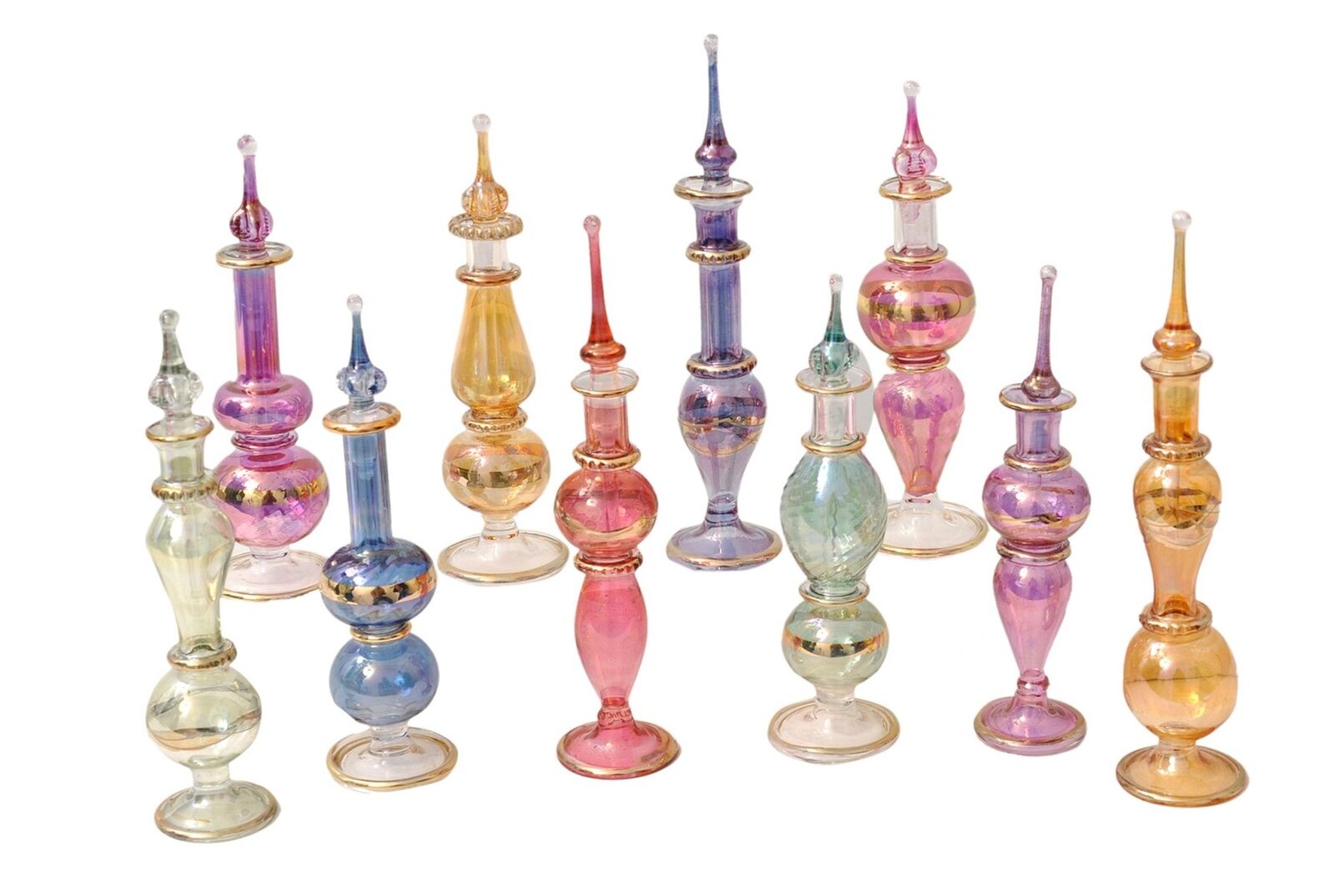 Egyptian perfume bottles Set /10 hand Blown Decorative Pyrex Glass Vials H:4 ...