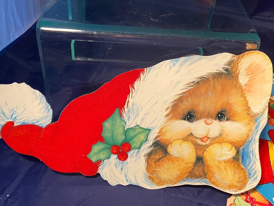 Lot of 3 Vintage Cardboard Paper Christmas Decoration Die Cut Flocked Eureka - Imagem 4 de 4
