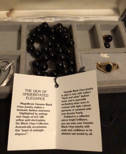 Black ONYX SET Sterling Ring, Unique Vintage Earrings, Necklace, Pin Boxed - Picture 2 of 7
