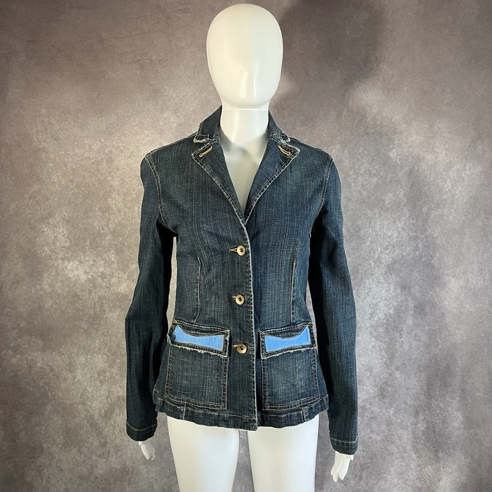 Chaqueta Jean Mujer Mediana Azul Puesta de Sol Retrato Ajustada Manga Larga Denim Abotonada Foto 2 de 4