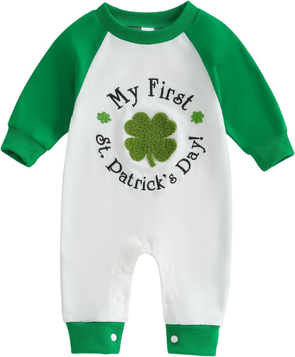 My First St. Patrick'S Day Baby Girl Boy Outfit Clover Pattern Jumpsuit Romper O