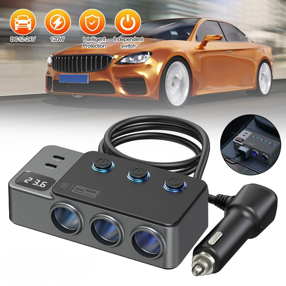 3 Way Car Cigarette Lighter Splitter USB C Charger Fast Charge Adapter 12V/24V - Image 2 of 4