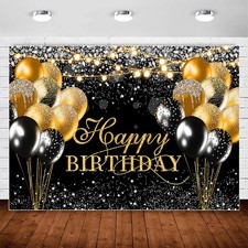 InMemory Black Gold Happy Birthday Backdrop Banner Men Birthday Party Decoration