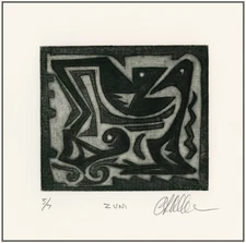ZUNI TRIBAL DESIGN; RAIN BIRDS Native American Indian. Original MEZZOTINT signed