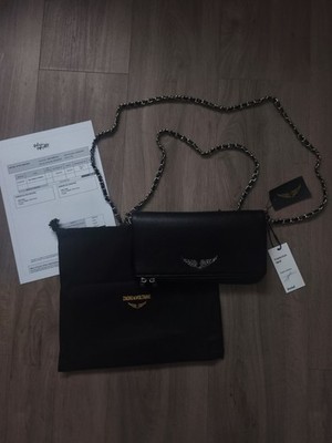 Zadig & Voltaire Umhängetasche genarbtes Leder schwarz Silberkette Reißverschluss