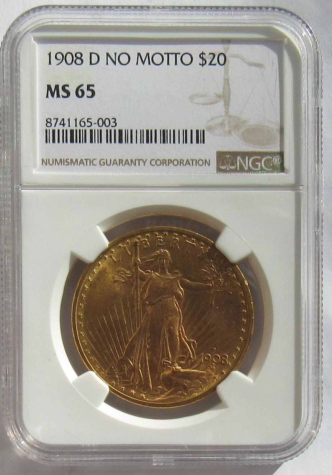 1908-D, No- Motto, Saint Guadens Gold $20, NGC MS 65, Top eye appeal, 66 Worthy!