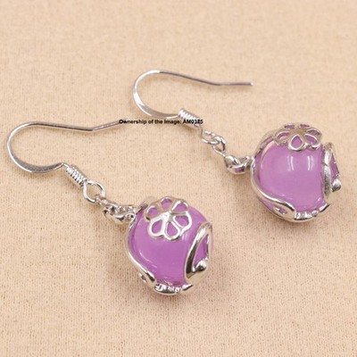 New White Alloy Women's Purple Jade Ball Dangle Earrings Drop Hook 35mm H