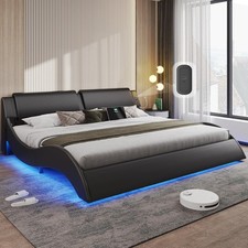 King Size Bed Frame with Headboard,Charging Station,Led Lights Upholstered Beds