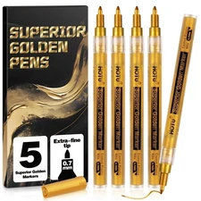 5 Acrylic Paint Markers, Gold Paint Pens, Metallic Permanent Markers Extra-Fi...