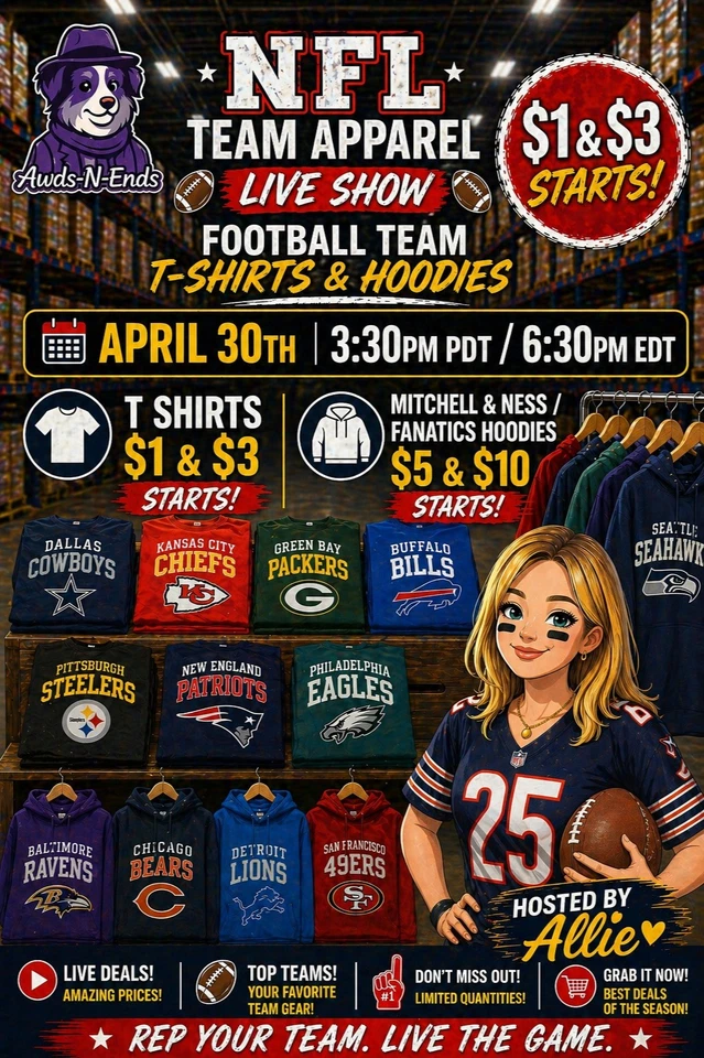 NFL T-Shirts & Hoodies - Starts: $1 & $3 Tees, $5 & $10 Hooded Sweatshirts