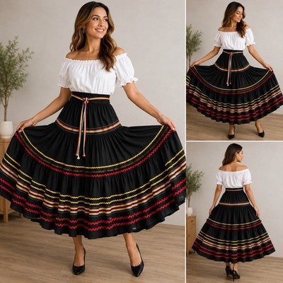 Victor Costa Vintage Tiered Maxi Skirt Black Rick Rack Boho Folk Belted Size 12