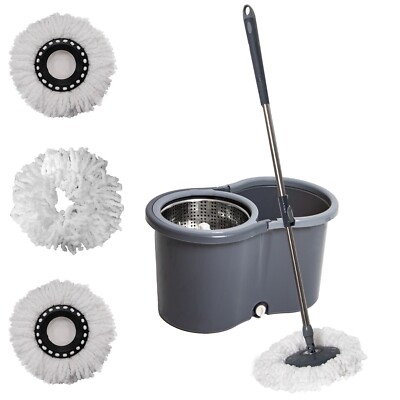 360° BODEN MAGIC SPIN MOP EIMER SET MIKROFASER ROTIERENDE TROCKENKÖPFE MIT 4 KÖPFEN