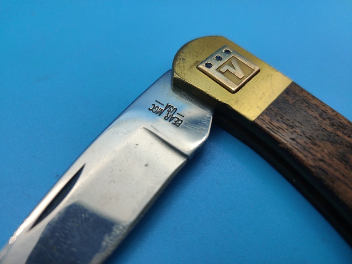 Bear Mgc Drop Point Lockback Wood Handles Brass Bolster Knife Made