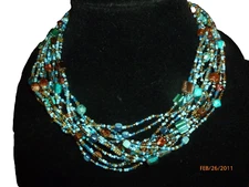 Vintage Beaded Blue Multi Strand Seed Bead Collar Necklace 16"