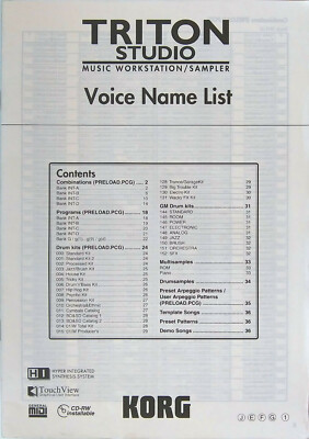 Original Korg Triton Studio Voice Name List Book, 36 Additional pages of Info.