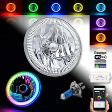 7" Motorcycle Bluetooth RGB SMD LED Color Chasing Halo Angel Eye H4 Headlight EA