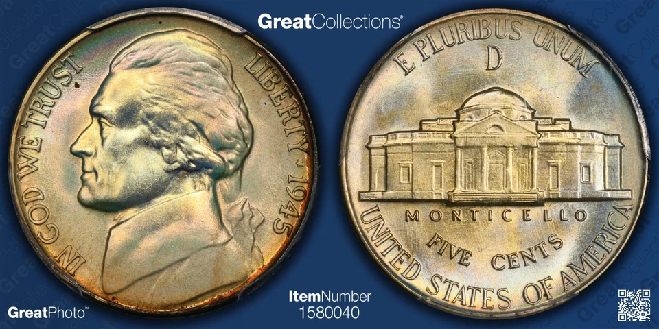 Moneda rara de níquel Jefferson 1945 tono D graduación profesional MS68FS tonificación guía de precios de $7,000 5C