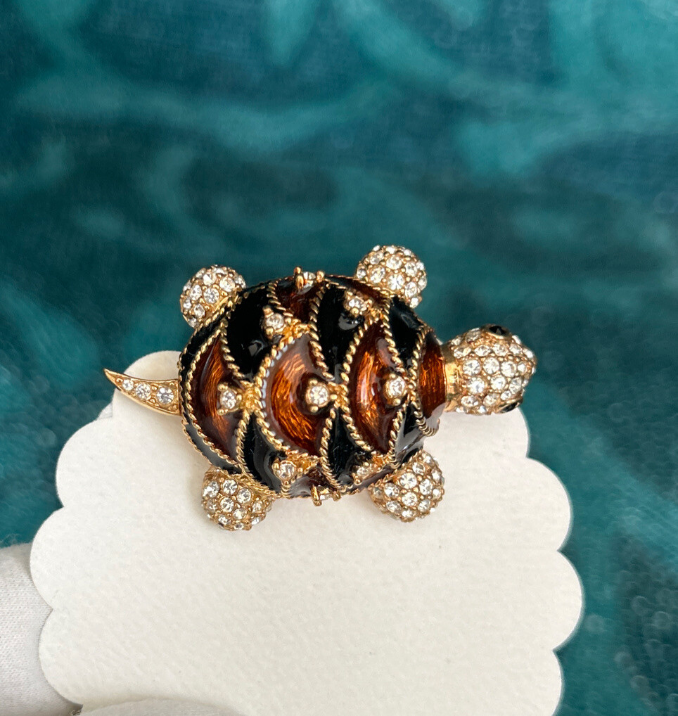 CINER カメ ブローチ Vintage Ciner Signed Turtle Brooch Enamel Rhinestone Gold