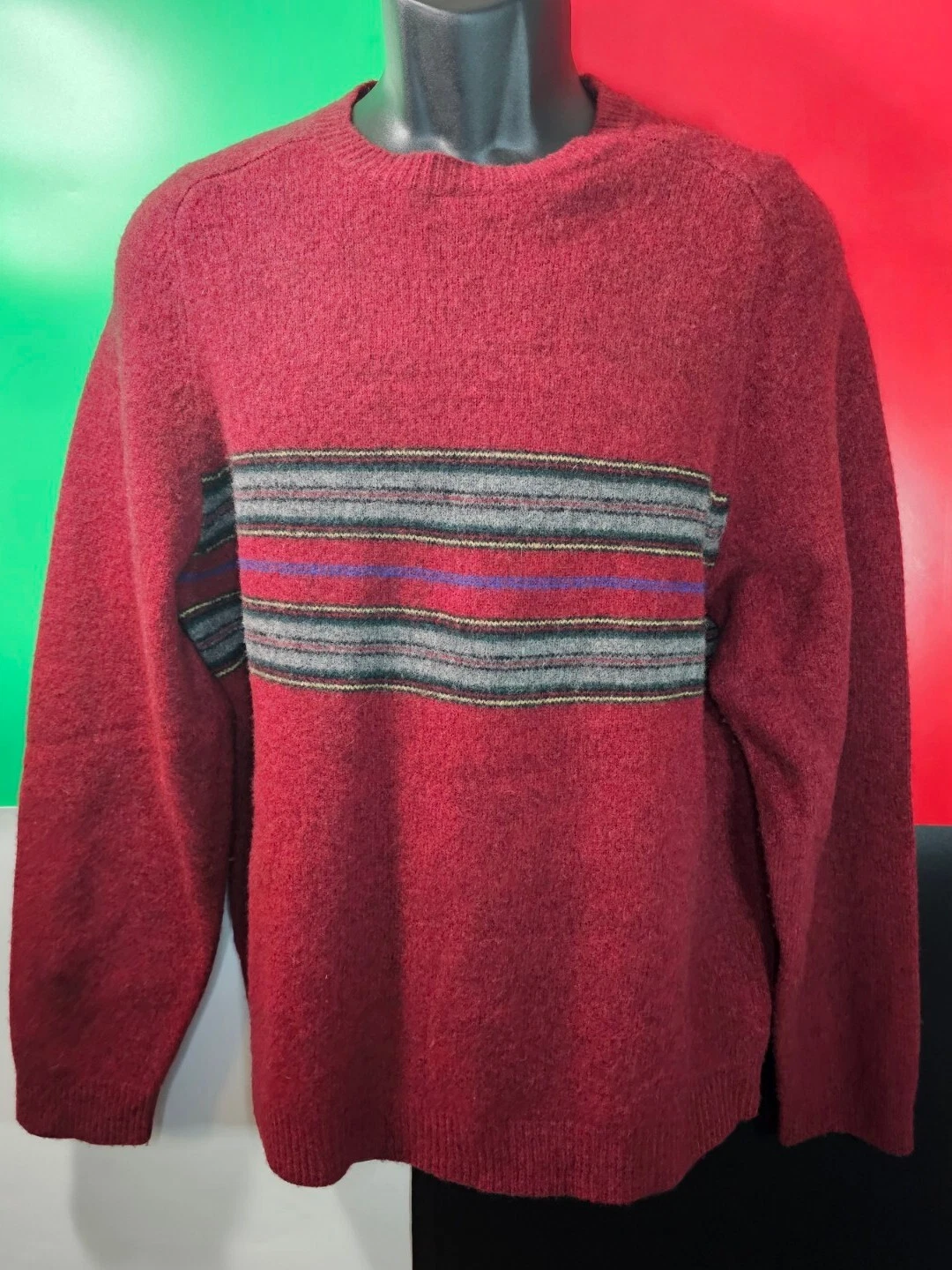 Eddie Bauer 100% Lambswool Striped Pullover Crewneck Sweater Mens Size M Medium